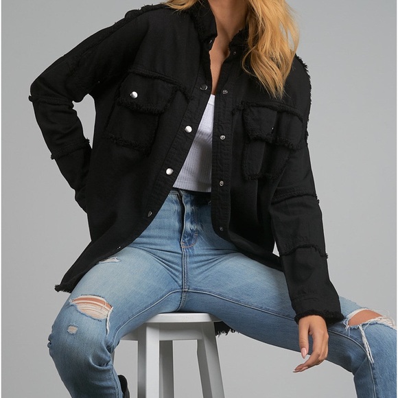 Elan All You Need is Love Dawn Utility Jacket Button Down oversized black size S - Picture 4 of 8